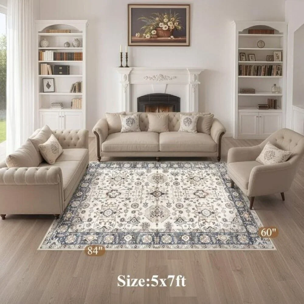 New 5x7 Blue Washable Area Rug Vintage Non-Slip Carpet for Living Room Home